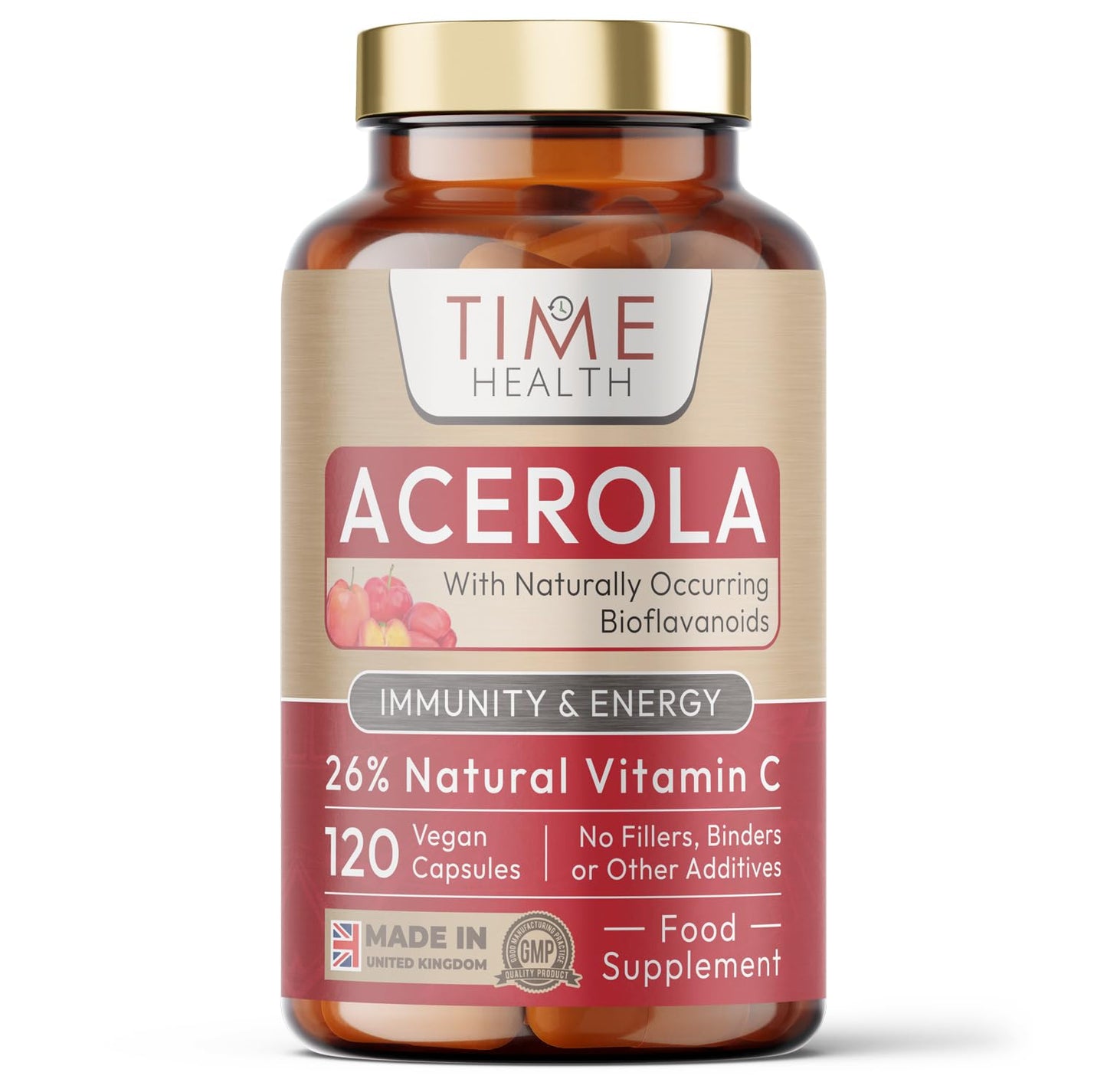 Time Health Acerola Cherry Extract Capsules - Natural & Wholefood Vitamin C - UK Manufactured - Zero Stearates or Flow Agents (120 Capsule)
