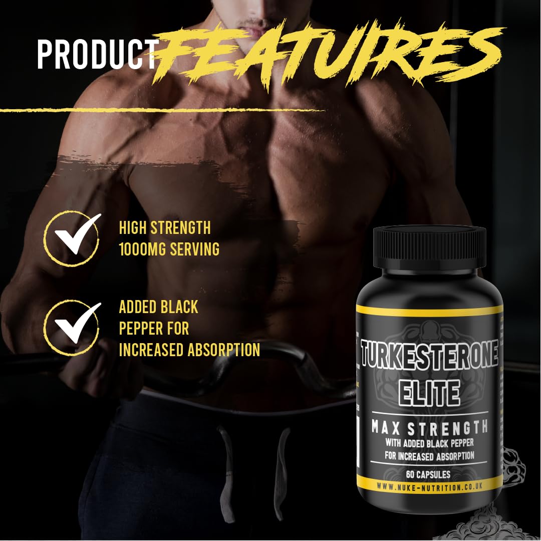 Nuke Nutrition Turkesterone 60 Capsules - Pure Ajuga Turkestanica Extract with Black Pepper for Faster Absorption – Boost Performance, Recovery & Strength - No Fillers, Batch Tested for Quality