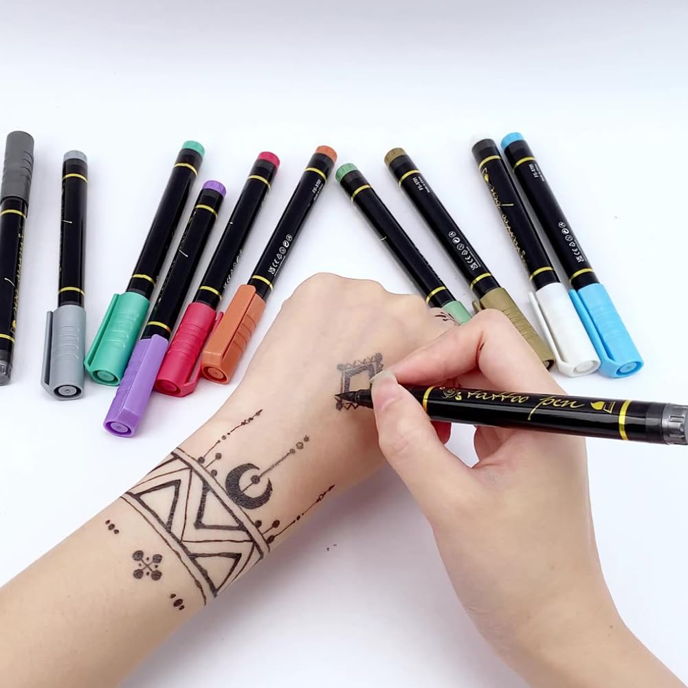 PORUPAEL 10 Colours Temporary Tattoo Pen, Temporary Tattoo Markers for Skin, Tattoo Pen Kit, Body Markers for Kids and Adults Art Marker Pens for Kids and Adults Party Festival Dress Up