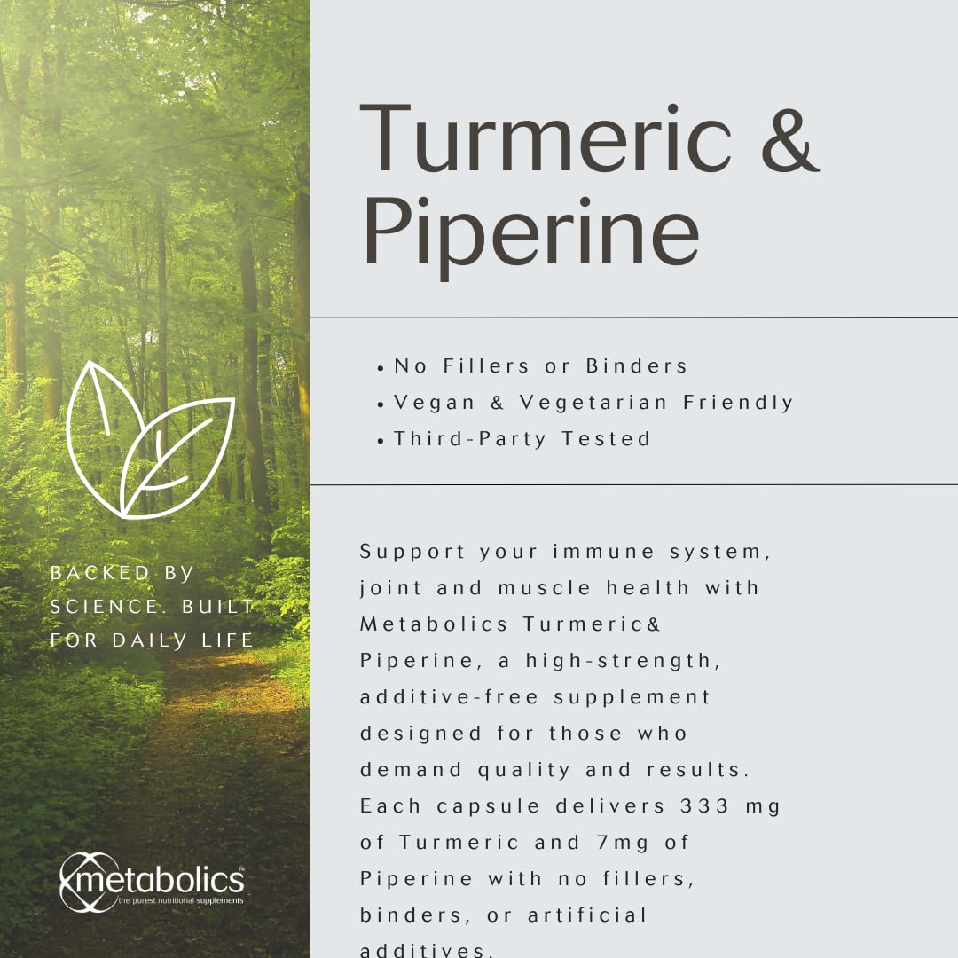 Metabolics Turmeric with Piperine- Pot of 90 Capsules- Highly Bio Available Source of Curcumin, Supported with Piperine (Black Pepper) to Improve Absorption