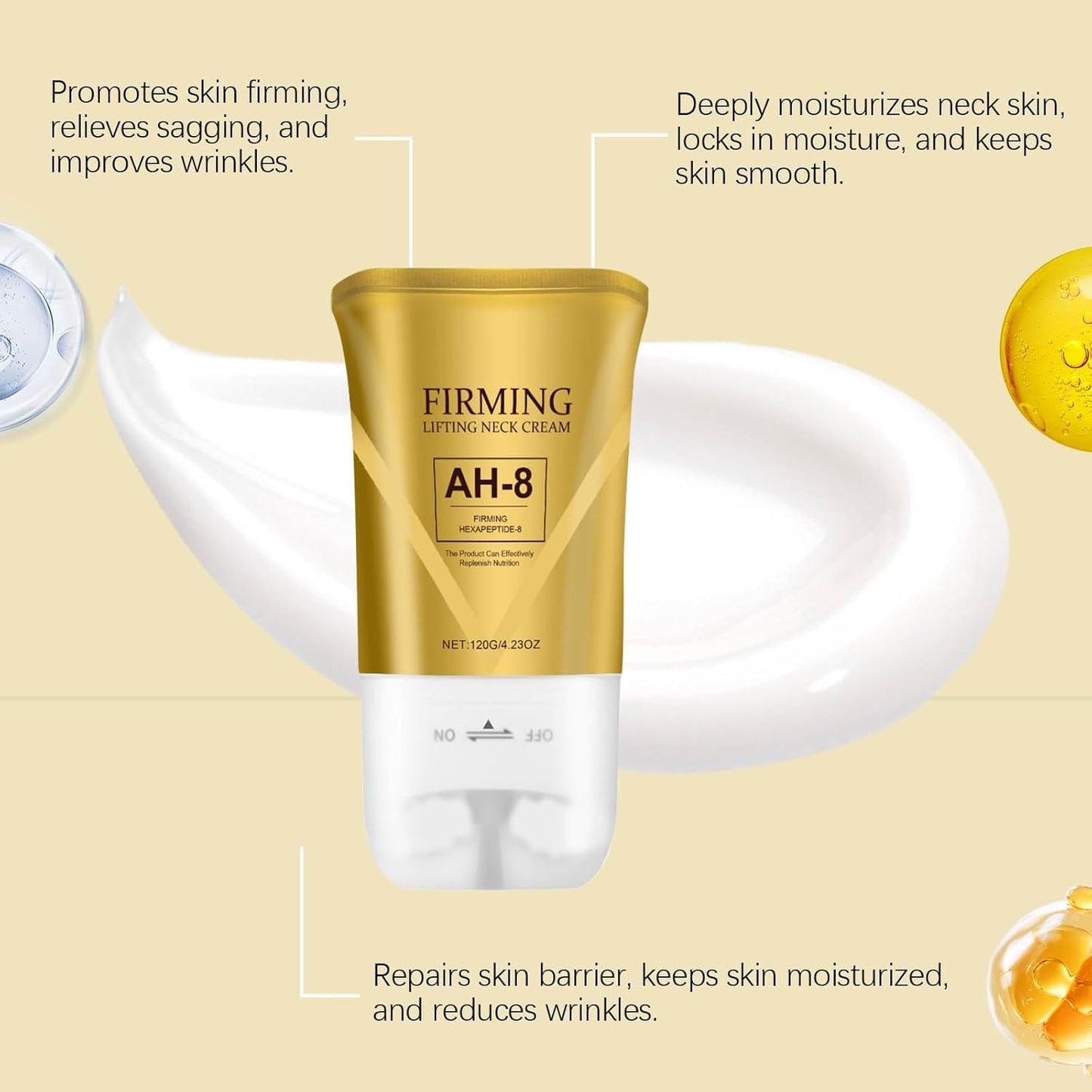 YXtecd AH-8 Firming Neck Cream, 120G Neck Firming Cream with Roller, Reduce Wrinkles Fine Lines And Double Chin, Firm and Lift Sagging Skin