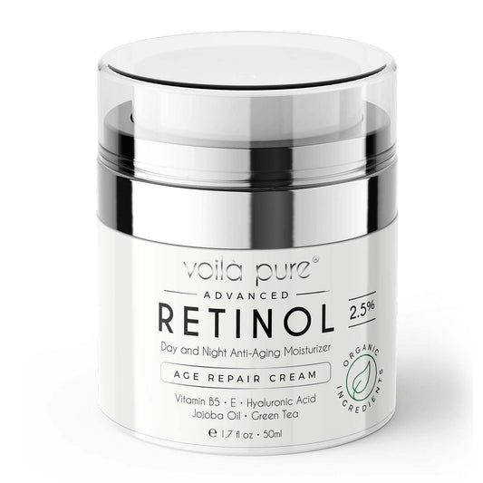 Voila Pure - RETINOL CREAM - Moisturizer - For Face & Neck - 2.5% Slow Release Retinol - Infused With Hyaluronic Acid & Vitamin E - Use Day & Night For Best Anti-Ageing & Acne Results - 1.7fl Oz