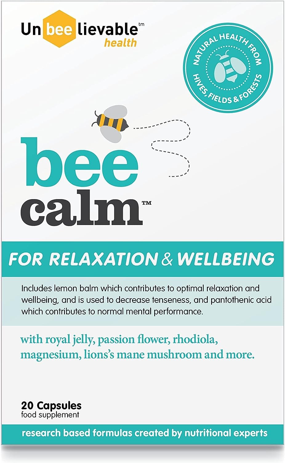 Unbeelievable Health Bee Calm Relaxation and Wellbeing Support - Created by Nutritional Experts – Help Increase Resistance to Stress – Plant Based & Gluten Free (Single Pack)