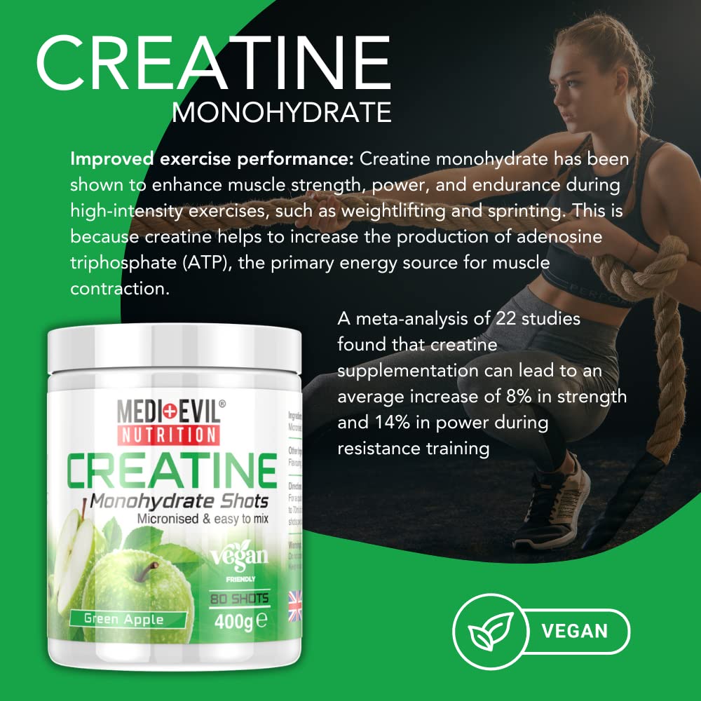 Medi-Evil Nutrition Creatine Monohydrate Powder, Green Apple Flavour, 400g, Micronised for Easy Mixing, Increases Physical Performance
