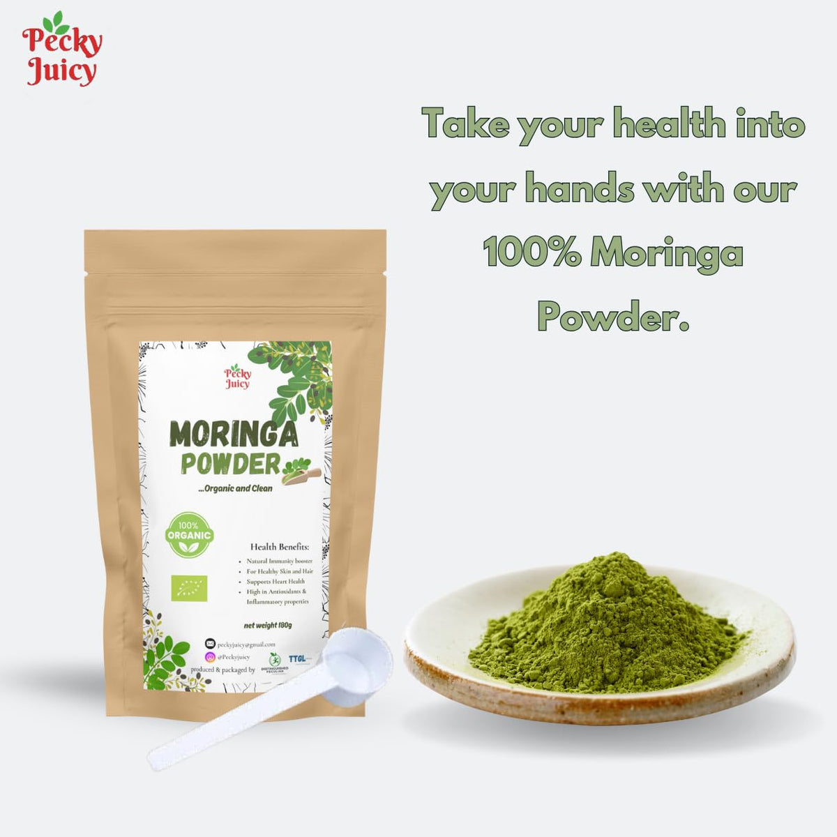 100% Pure Moringa Powder 180g with FREE 5g Scoop by Pecky Juicy – Pure Botanical Powder for DIY Beauty, Wellness, Hair Masks & Herbal Use