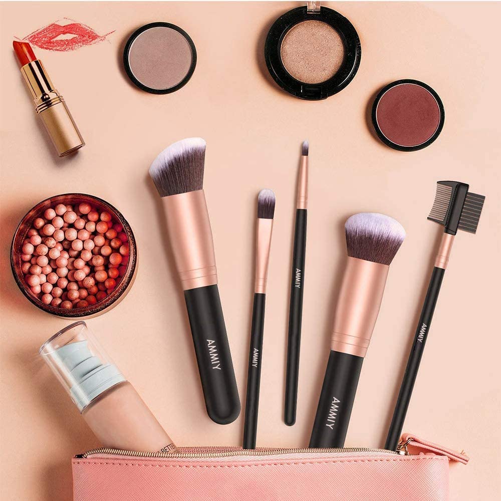 AMMIY Lospu HY Makeup Brushes Sets 18-Piece Rose Golden Premium Synthetic Wood Handle Face and Eye Make-up Brushes for Foundation, Powder, Concealers, Blush, and Eyeshadow