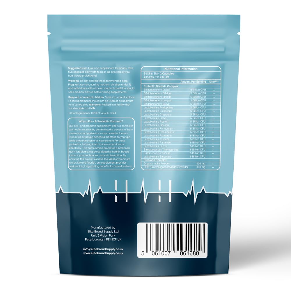 Hybrid Health Probiotics & Prebiotics Complex | 120 Vegan Capsules | 100 Billion CFU | Advanced Strength Probiotics with 20 Diverse Strains | Pre & Probiotics for Women and Men