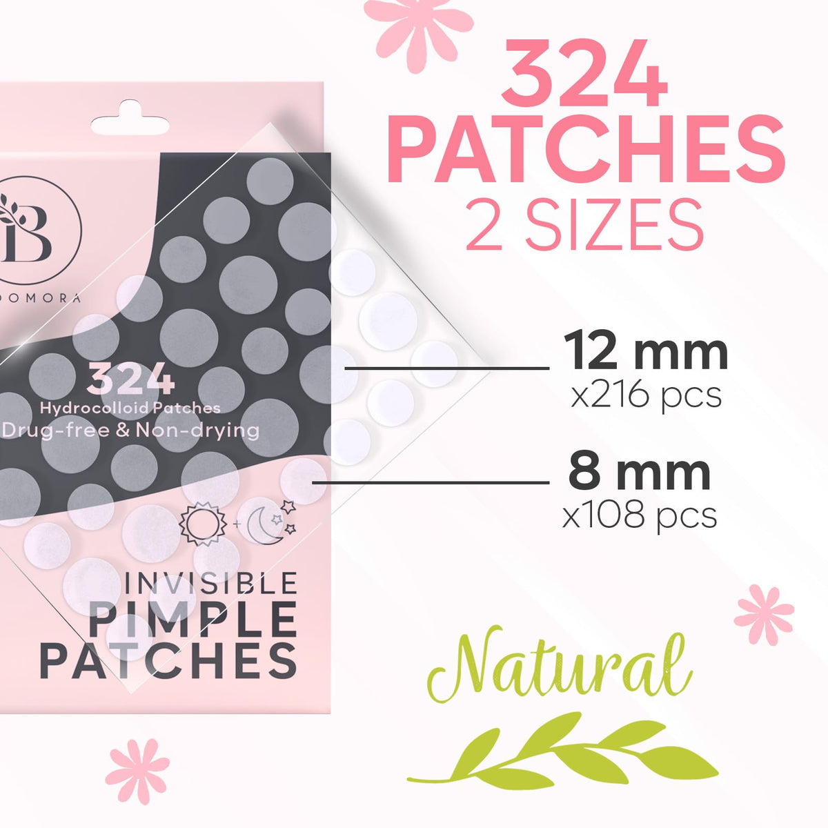 BLOOMORA Invisible Pimple Patches for Face (324 Count), Hydrocolloid Stickers Covers Pimples, Zit Patches for Spot Cover, Clear (2 Sizes - S/L)