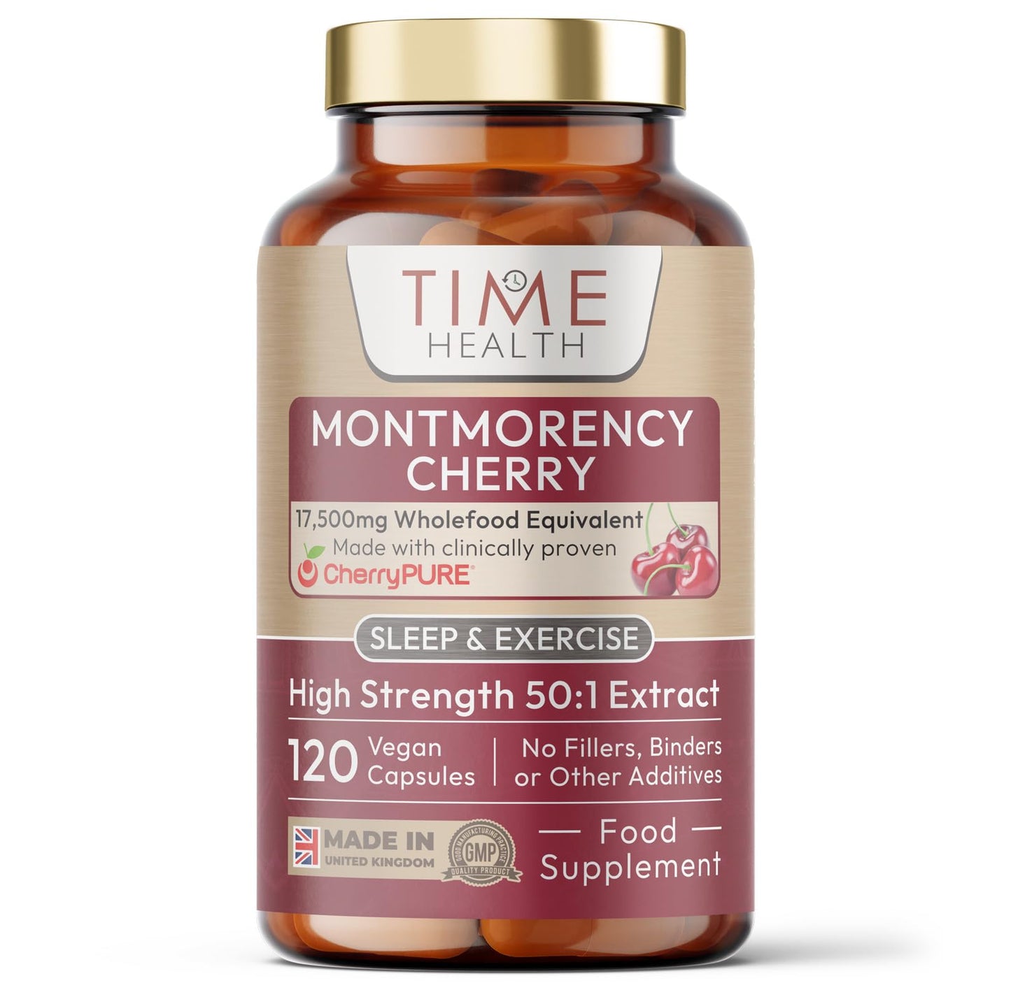 Time Health Montmorency Cherry - Maximum Strength 50:1 Extract 2% Proanthocyanidins - 17500mg Wholefood Equivalent per Capsule - CherryPURE® - Vegan - UK Made - GMP Standards - Zero Additives
