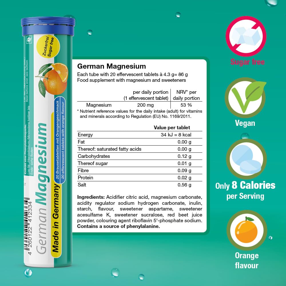 German Magnesium Drink Effervesent Tablets 60 Servings Orange Flavour – 200 mg Magnesium Sugar Free, Vegan – T&D Pharma – Made in Germany