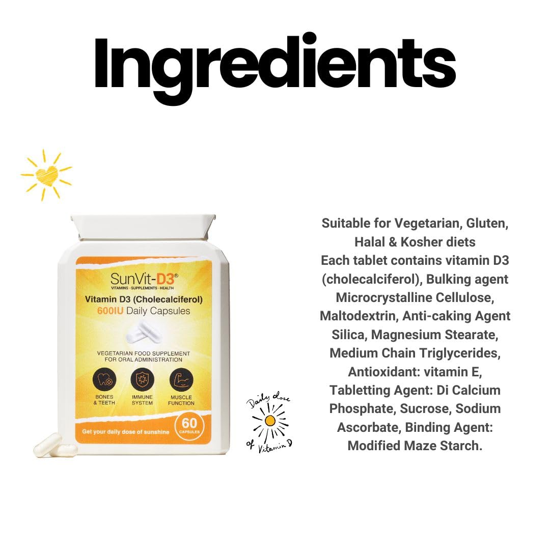 SunVit-D3 Vitamin D 600 IU Capsules - Cholecalciferol Vitamin D Capsules Support the Maintenance of Bone, Teeth, Muscle & Immune System | Made in UK & GMP Approved - D3 Vitamins 60 Convenient Capsules