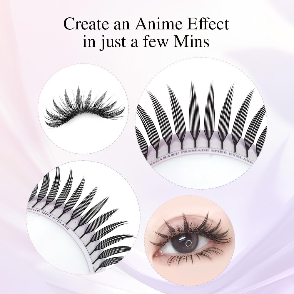 NAGARAKU Spire Shaped Eyelashes Extensions Air Series Premade Volume Lashes 0.07mm C Curl 8mm-15mm Mix Length 240 Clusters Wet Set/Anime/Manga Styles Lashes