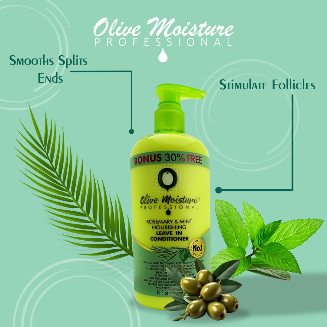 Olive Moisture Professional Leave-In Conditioner, Rosemary & Mint, 473 ml – Deep Hydration for Damaged Hair, Detangles & Softens, With Olive Oil & Shea, Lightweight No-Rinse Formula