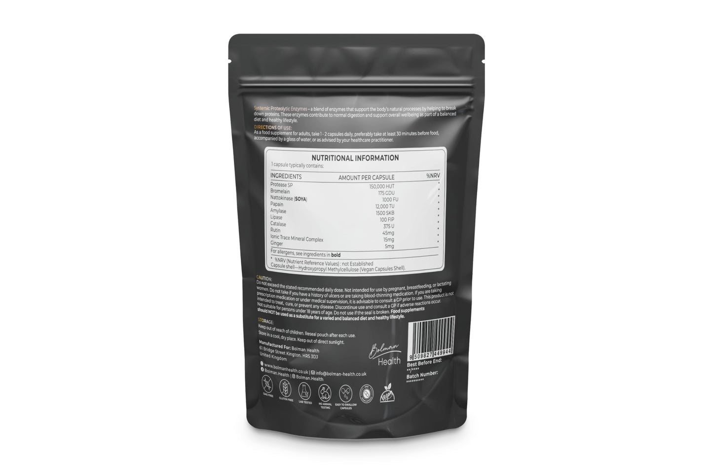 Bolman Health Systemic Proteolytic Enzymes | Advanced Enzyme Complex | Supports Inflammation Response, Repair & Recovery | Digestive & Immune Health | 60 Vegan Capsules | GMO-Free | Made in UK