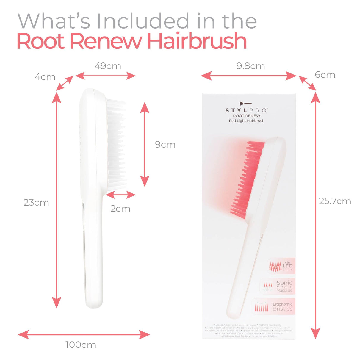 StylPro STYLPRO Red Light Hair Brush Comb, Encourages Hair Growth, Stimulates Hair Follicle, Aids in Hair Repair, 49x 655nm LEDs, Ergonomic Flexible Bristles, Rechargeable, Sonic Scalp Massage