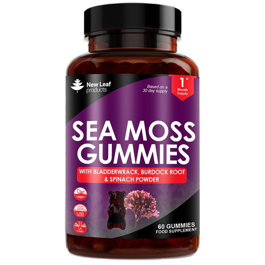 NEW LEAF PRODUCTS Sea Moss Gummies - 60 Gummies Enriched with Irish Sea Moss, Burdock Root and Bladderwrack - High Strength 3000mg Vegan Vitamin Gummies - Seamoss Gummies Made in UK by New Leaf