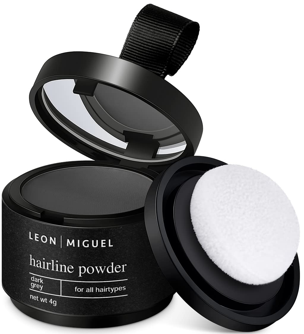 LEON MIGUEL Hair Line Powder – Unisex Hair Repair Make Up – Hair Shadow Make Up - Instantly Covers and Conceals Receding Hairlines, Thinning Hair etc. – Waterproof | 4g (dark grey)