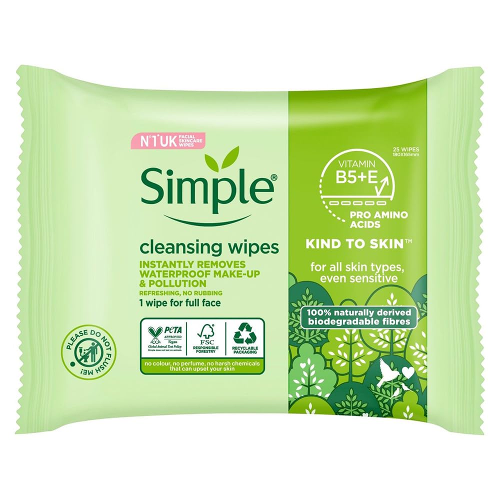 Simple Kind To Sensitive Skin 25 Cleansing Facial Wipes Pack of 1 Vitamin B5 + E Waterproof Makeup Remover Refreshing Biogradable Large Wet Towel Sheet with Welari Thank You Card | (1pack) (25wipes)