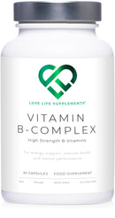 Vitamin B Complex High Strength | 90 Capsules - 90 Day Supply | All 9 B Vitamins B1-B2-B3-B5-B6-B7-B9-B10-B12, Inositol and Choline | Completely Clean - No Fillers | Love Life Supplements