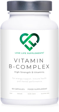 Vitamin B Complex High Strength | 90 Capsules - 90 Day Supply | All 9 B Vitamins B1-B2-B3-B5-B6-B7-B9-B10-B12, Inositol and Choline | Completely Clean - No Fillers | Love Life Supplements