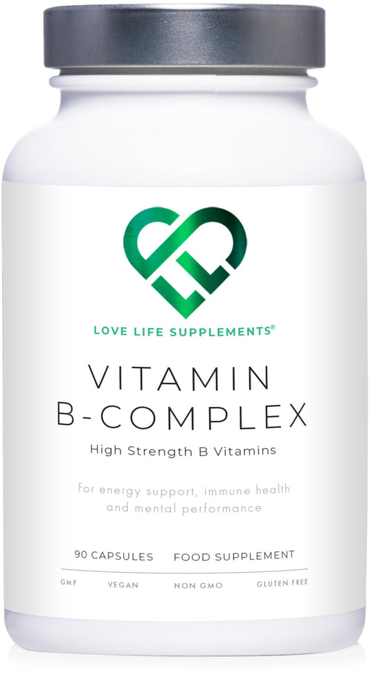 Vitamin B Complex High Strength | 90 Capsules - 90 Day Supply | All 9 B Vitamins B1-B2-B3-B5-B6-B7-B9-B10-B12, Inositol and Choline | Completely Clean - No Fillers | Love Life Supplements