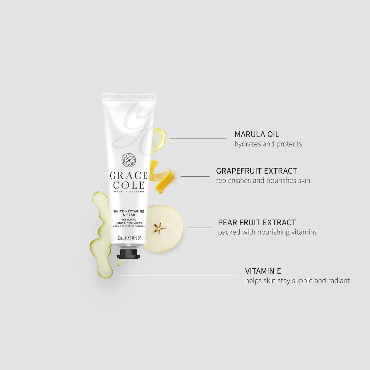 Grace Cole White Nectarine & Pear Moisturising Hand and Nail Cream 30ml - Essential Oils - Vegan and Cruelty Free, No SLS or Parabens - Made In England
