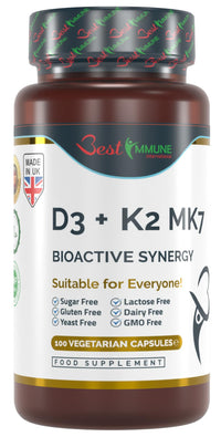 Best Immune International Vitamin D3 2000IU K2 MK7 100mcg Natural Premium Quality 100 Capsules Immune Support Perfect Proportions Maximum Absorption
