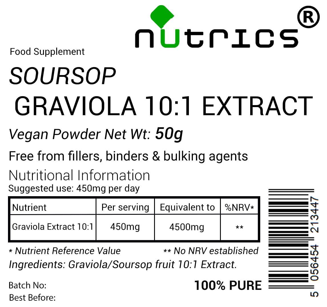 Nutrics® GRAVIOLA 10:1 Extract Powder 50g Soursop Fruit - Annona Muricata - Ten Times Stronger Than Powder - Suitable for Vegan Vegetarian