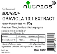 Nutrics® GRAVIOLA 10:1 Extract Powder 50g Soursop Fruit - Annona Muricata - Ten Times Stronger Than Powder - Suitable for Vegan Vegetarian