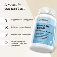 VITAVERUS Vitamin D3 4000 IU Supplement, with K2, Zinc & Magnesium, Made in UK, 60 Capsules