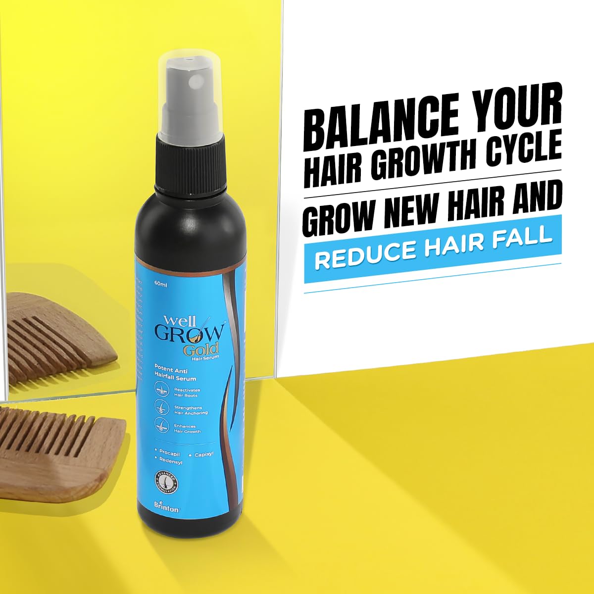 Brinton WellGrow Gold Hair Growth Serum with Redensyl, Capixyl & Procapil for Hair Fall Control & Repair | Strengthens & Enhances Hair Growth for Men & Women 30 ml