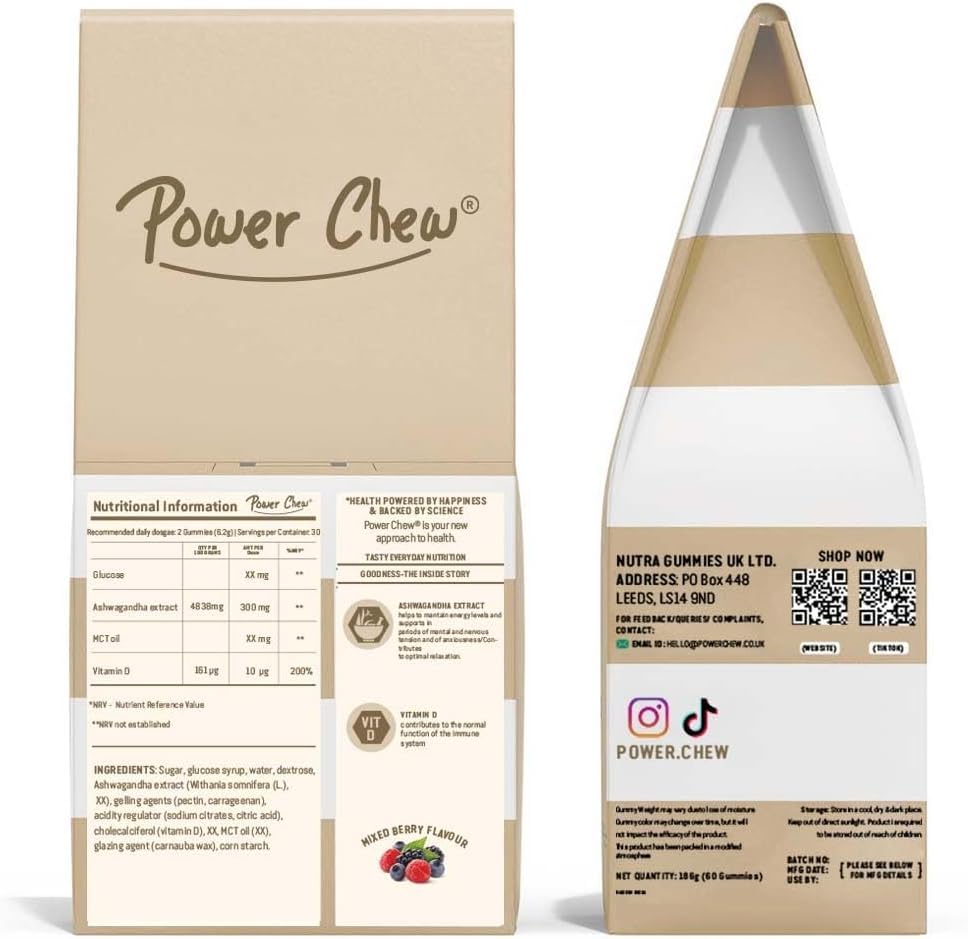 Power Chew Ashwagandha Gummies | High Strength Ashwagandha Extract and Vitamin D | 60 Vegan Gummies Chewable | Vitamin Gummies for Women & Men | Super Tasty Food Supplement for Adults