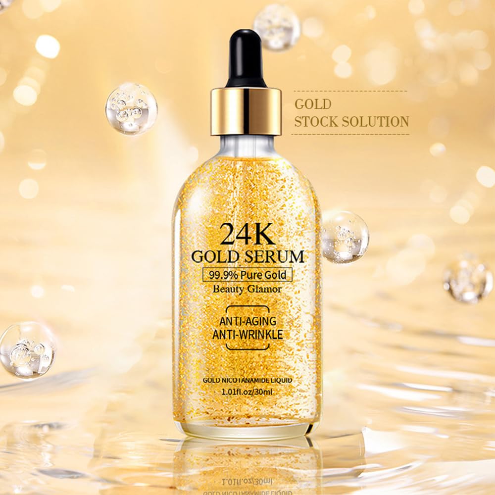 KlsyChry 24k Gold Serum for Face, Skin Moisturizing Anti-Aging Anti-Redness Acne Treatment Essence Cream for Dark Spots & Fine Lines, Skin Care Gold Essence Nicotinamide Serum (30ml)