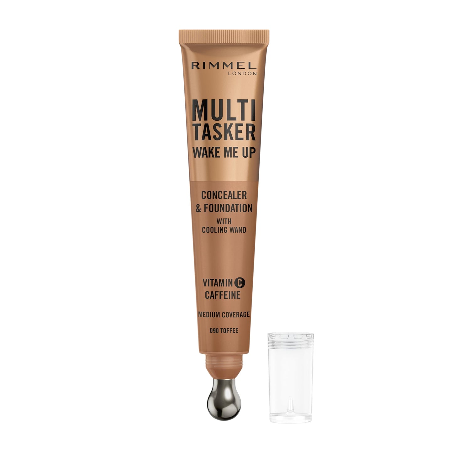 Rimmel Multi-Tasker Wake Me Up Foundation & Concealer 090 Toffee, Depuffs & Brightens Dark Circles, Metallic Cooling Applicator, Caffeine & Victamin C, 2% Niacinamide, Vegan, Cruelty free