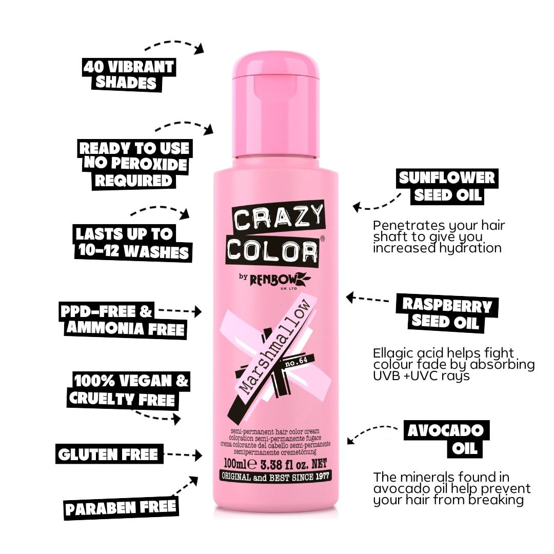 Crazy Color Metallic Marshmallow Semi-Permanent Hair Dye. Highly Pigmented Dusty Pink Conditioning & Oil Nourishing Vegan Formula | No Bleach or Ammonia | 100ml
