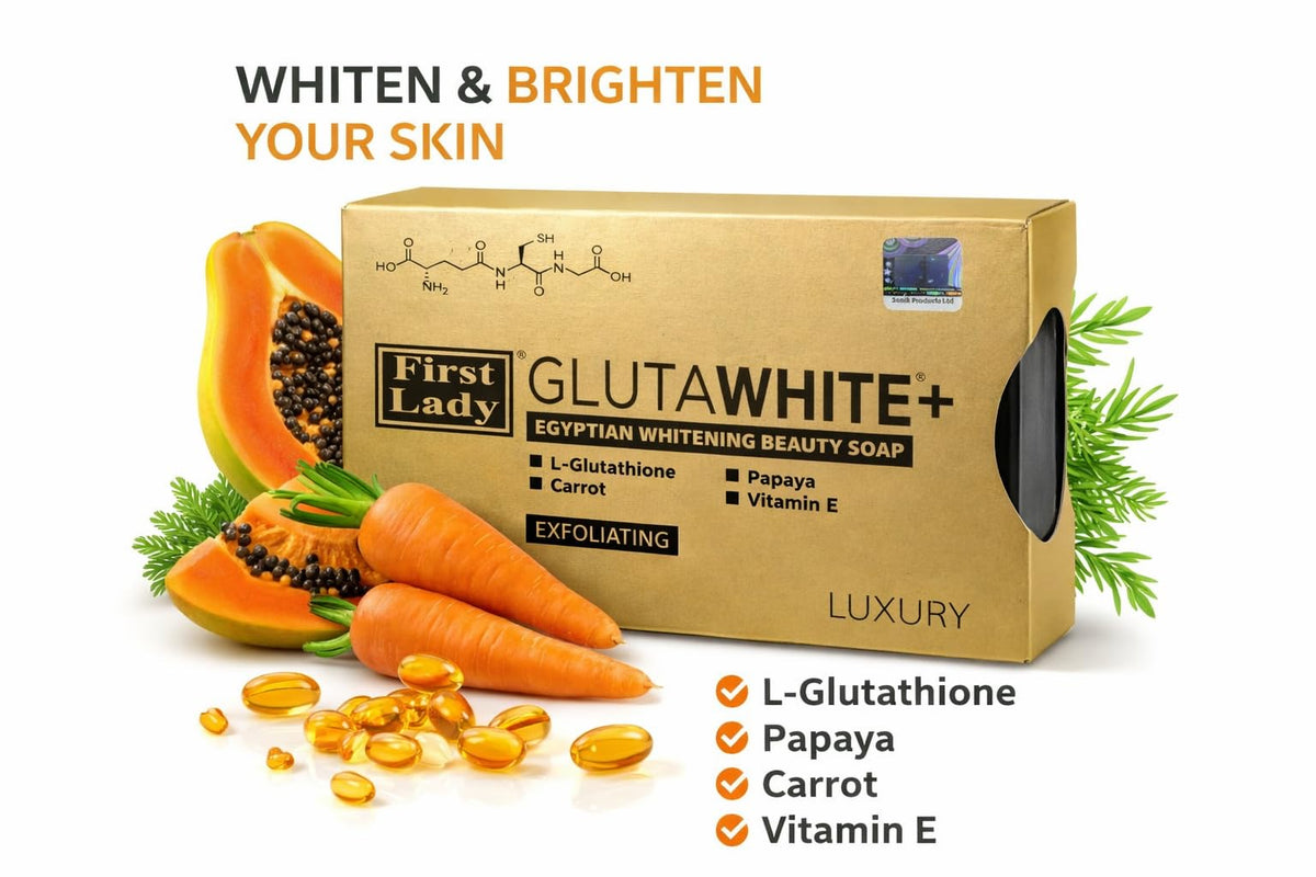 FIRST LADY GLUTAWHITE First Lady Glutawhite+ Egyptian Brightening Exfoliating Soap 200g with L-Glutathione, Papaya, Carrot & Vitamin E – Helps Even Skin Tone & Radiant Glow