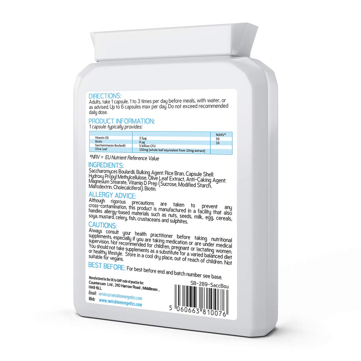Saccharomyces Boulardii 5 Billion CFU 90 Capsules - No Refrigeration Required - High Strength Non-Colonising Yeast with synergistic Olive Leaf, Biotin and Vitamin D3