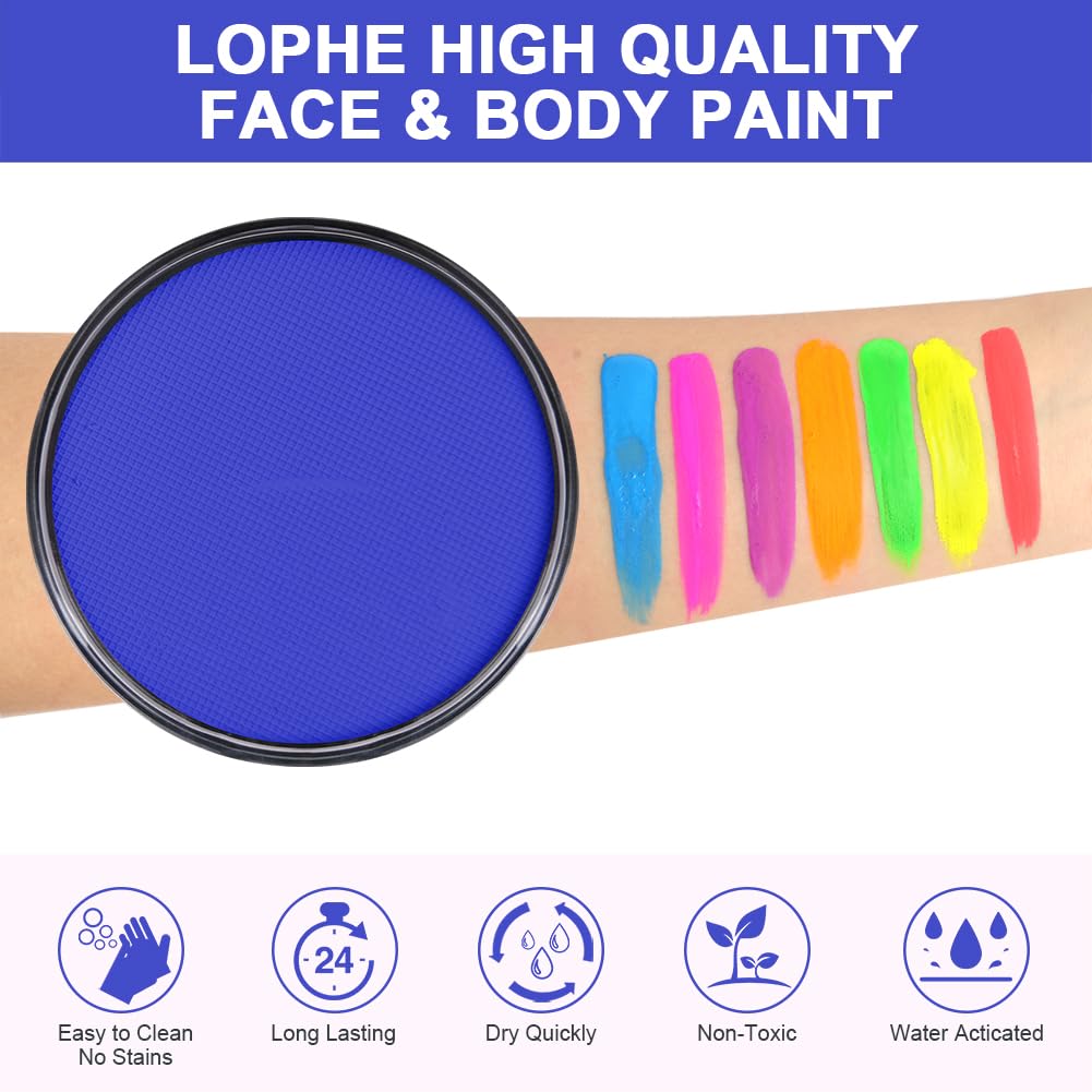 LOPHE Glow Neon Face Paint, 30g Water Soluble Face Body Makeup Pigment for Adults Kids Children, Water Based Neon Fluorescent Face Paint, Face Body Painting for Halloween Party Carnival