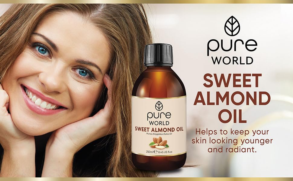Pure World Natural Sweet Almond Oil 250ML 100% Pure, Undiluted Cold Pressed Premium Quality Almond Oil Freshly Pressed – Massage, Skin, Nails, Body and Face,. Edible Vegan