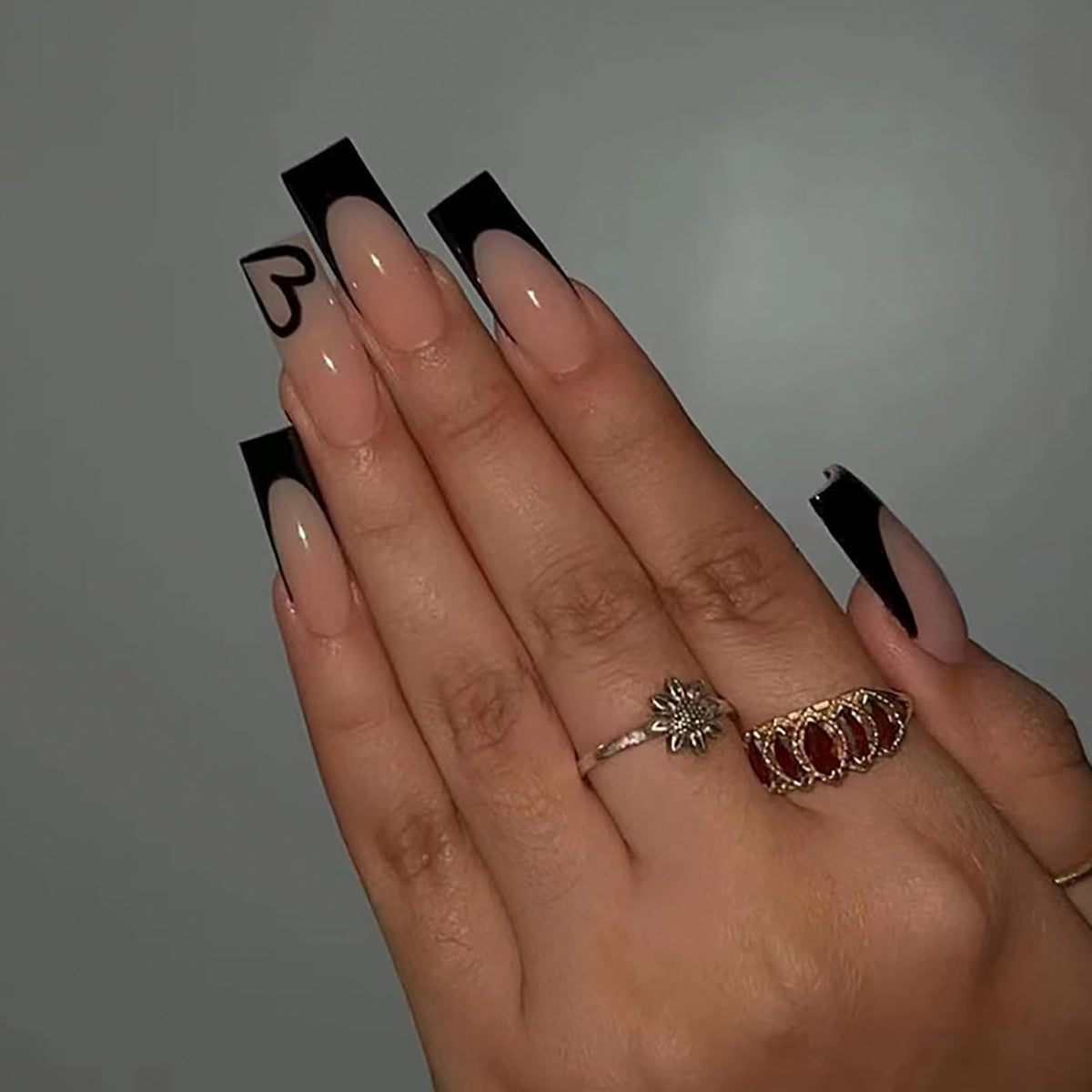 Maggikey 24PCS Long Coffin Ballerina False Nails - French Black Plastic Press On Nails - Full Coverage Glossy Stick On Nails For Women (Black Heart French Style)