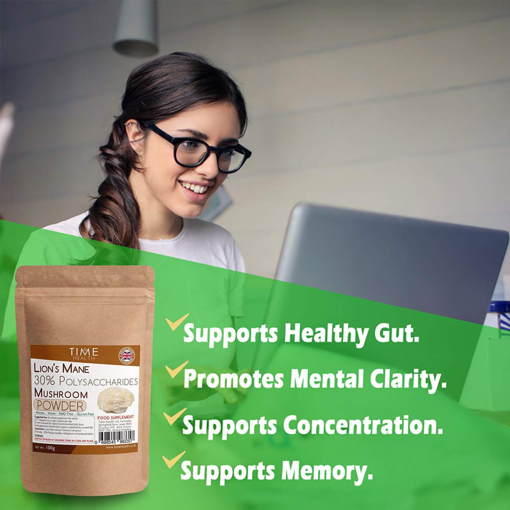 Lions Mane (Hericium erinaceus) Mushroom Extract - 100g Powder - 30% Polysaccharides - Hericenones - Fruit Body - Zero Additives - British Brand (100g Powder Pouch)