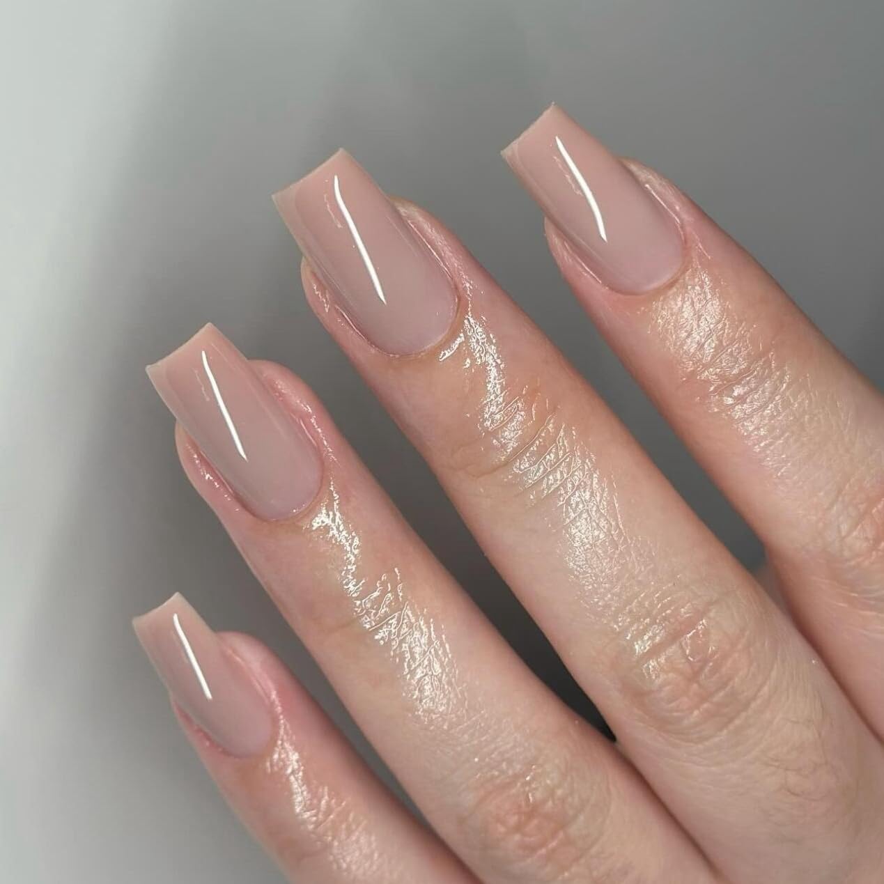 KQueenest Light Gray Press on Nails Long Square, Nude Brown False Nails Long Medium Coffin, Glossy Natural Solid Fake Nails Set, Reusable Gel Stick on Nail for Women Finger Daily Wear 24 Pcs