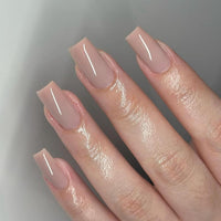 KQueenest Light Gray Press on Nails Long Square, Nude Brown False Nails Long Medium Coffin, Glossy Natural Solid Fake Nails Set, Reusable Gel Stick on Nail for Women Finger Daily Wear 24 Pcs