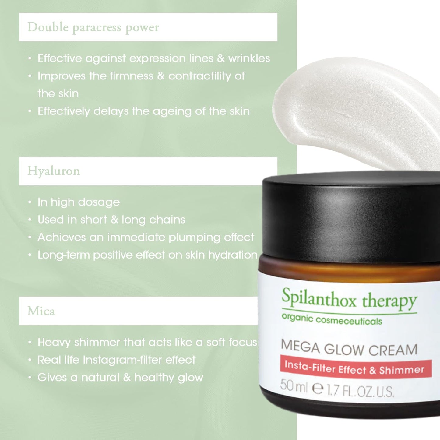 Spilanthox therapy - Mega Glow Cream - 3IN1 Face Cream - Instant Expression Smoothing, Care & Shimmer - Anti-Aging Facial Care with Spilanthol & Hyaluronic Acid - Vegan Natural Cosmetics - 50ml