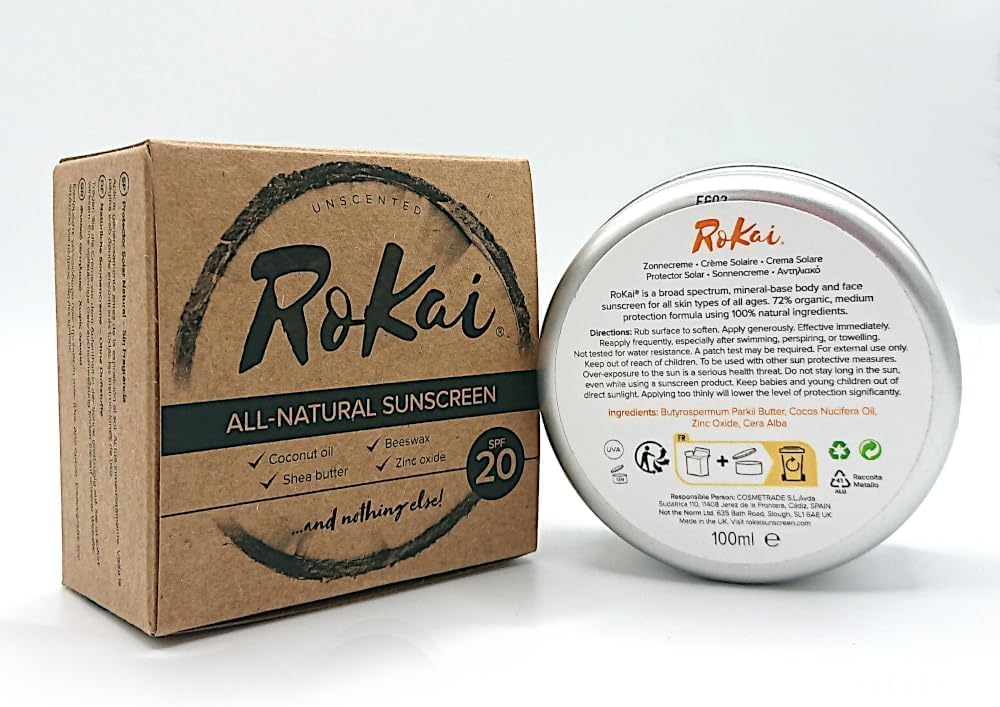 RoKai All-Natural Sunscreen Unscented SPF20 - Only 4 Ingredients, 100% Natural and Organic, Non-Toxic, Non-Nano, Chemical-Free, Perfect for Sensitive Skin (Unscented, 100ml), Recyclable Packaging