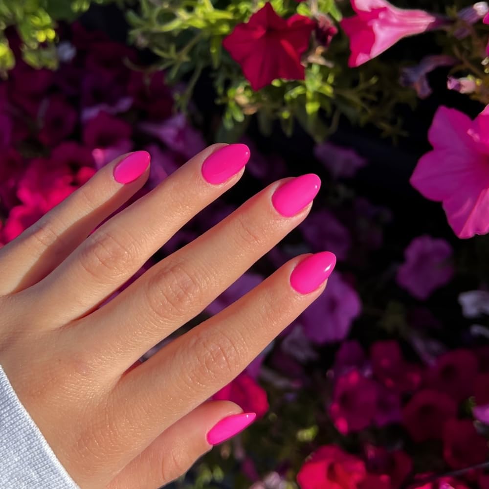 KQueenest Hot Pink Press on Nails Short Oval, Short False Nails Almond, Glossy Solid Vibrant Bright Pink Fake Nails Set, Reusable Natural Gel Stick on Nail for Women Finger Daily Wear 24 Pcs