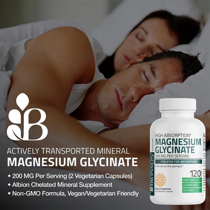 Magnesium Glycinate 200 MG per Serving Chelated for High Absorption, Gentle On Stomach, Non-GMO, 60 Vegetarian Capsules