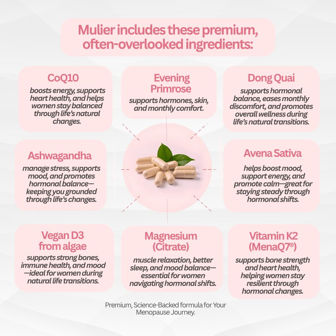 Mulier Menopause Supplement, Allergen Free, Vegan, 14 Supporting Ingredients Incl. Sage, Ashwagandha, K2, CoQ10, 1 Month Supply, 30 Capsules