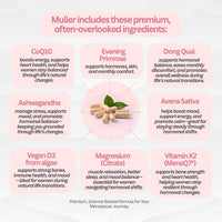 Mulier Menopause Supplement, Allergen Free, Vegan, 14 Supporting Ingredients Incl. Sage, Ashwagandha, K2, CoQ10, 1 Month Supply, 30 Capsules