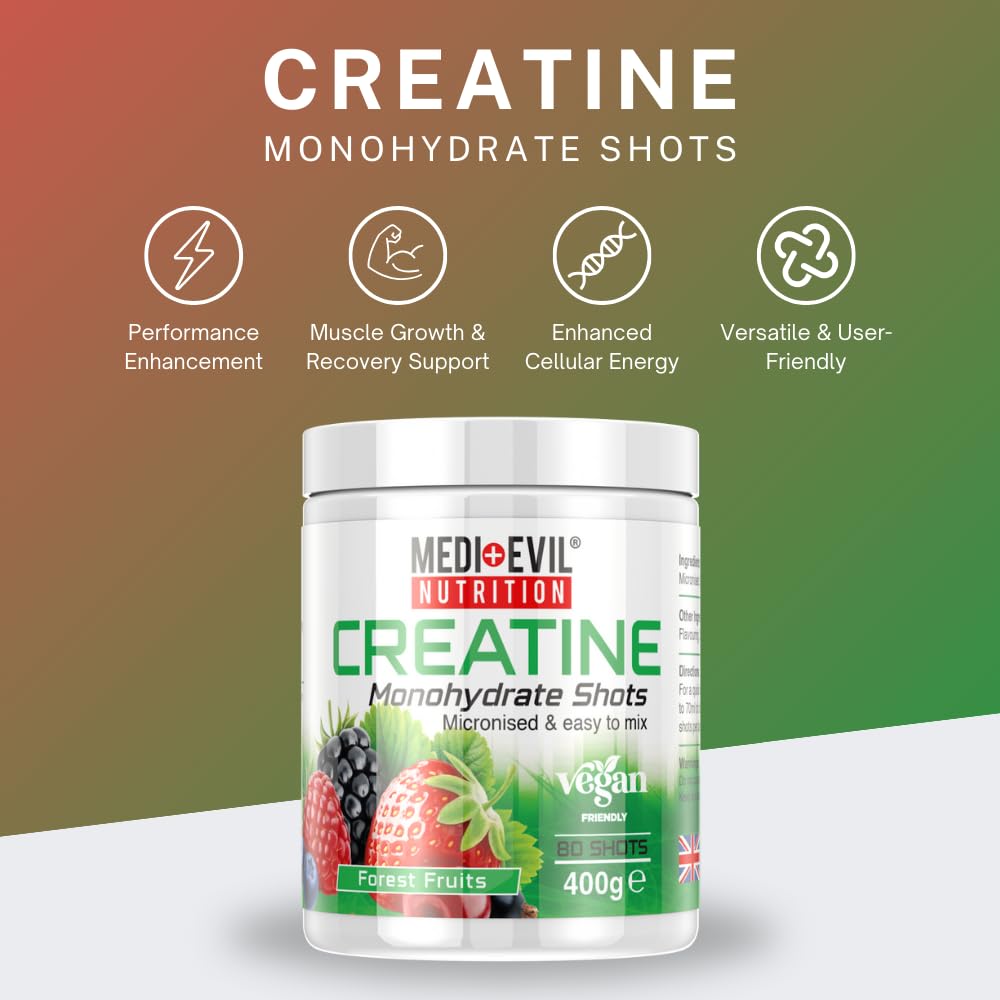 Medi-Evil Nutrition Creatine Monohydrate Powder 400g, Forest Fruit Flavour, Micronised for Easy Mixing, Improve Strength and Physical Performance
